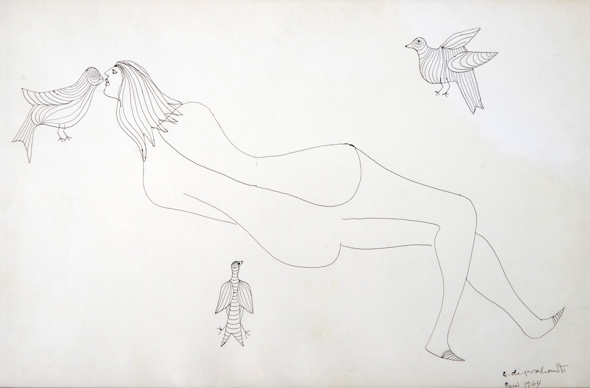 Di Cavalcanti - Mulher Nua de Costas e Três Pássaros