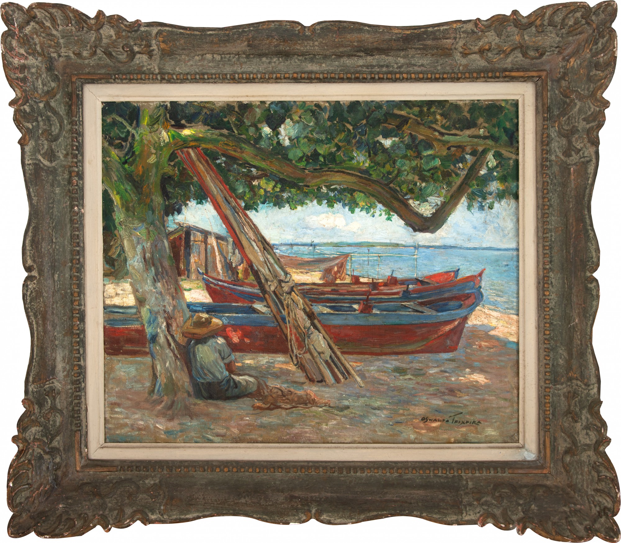 Oswaldo Teixeira - Marinha Com Barcas, Árvore e Pescador