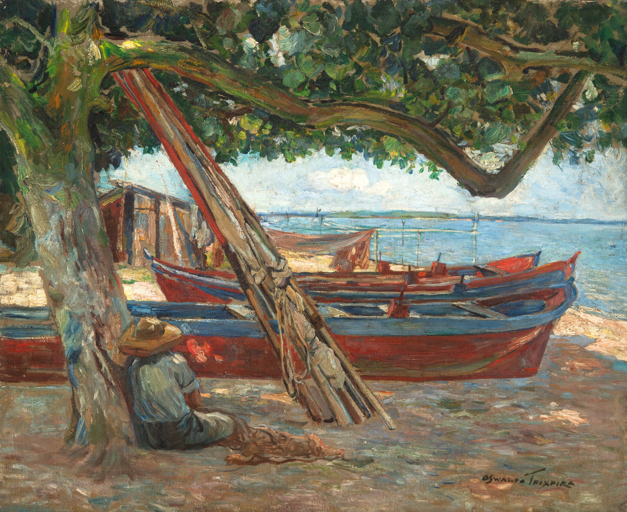 Oswaldo Teixeira - Marinha Com Barcas, Árvore e Pescador