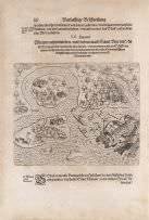 Theodore De Bry - REGIÃO DE SÃO VICENTE COM A ILHA DE SÃO VICENTE E SANTO AMARO, OFORTE DE BERTIOGA E A LOCALIDADE DE ITANHAEM